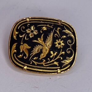 Vintage Japanese Damascene Style Sparrow Brooch Flowers Gold Tone Black 1”